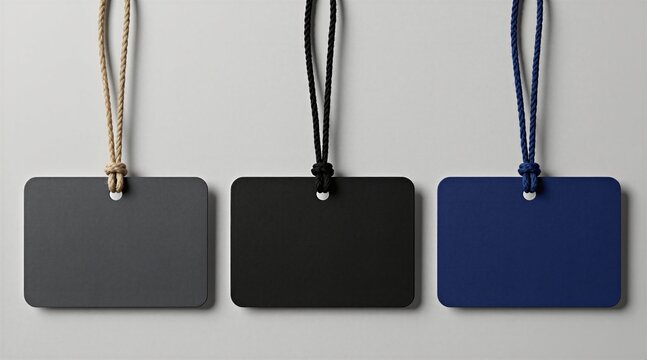 Three blank tags hang on strings against a plain light wall. These tags in grey, black, and blue offer ample free space for custom text or graphics. Useful for any retail or identification needs.