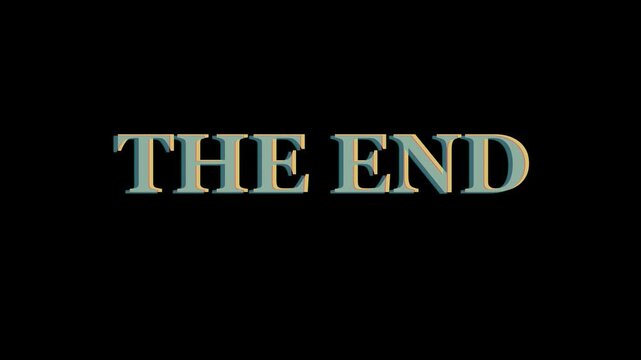 The end cinematic text title with retro glitch effect and chromatic aberration for motion animation 4k