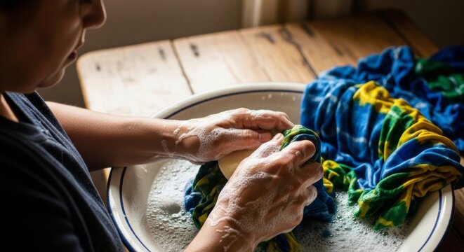 Woman's hands washing tie-dye clothes in soapy water with bar soap in rustic basin, vintage domestic chore