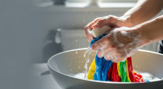 Woman's hands washing colorful laundry in a soap-filled basin, a close-up on vibrant textures and clean water.