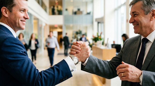 Successful businessmen greeting with a strong handshake in a modern office lobby. Business, deal, corporate partnership, handshake, agreement, executive team, professional men closing a deal.