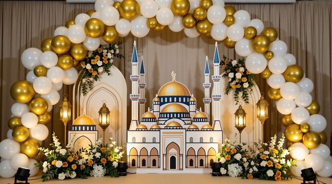 Golden mosque model with balloon arch, flowers, and lanterns creates festive Islamic celebration background. Ideal for Ramadan, Eid events, parties.