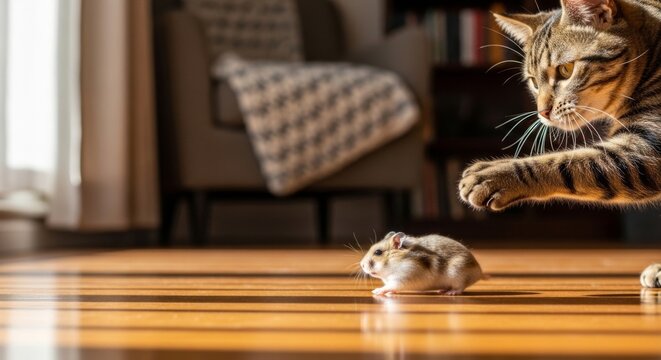 Cat's paw poised above a tiny hamster on a sunlit wooden floor, capturing a moment of natural instinct and gentle interaction