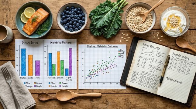 Top-down table scene with salmon, blueberries, kale, whole oats, and Greek yogurt arranged beside color-coded bar charts, a scatter plot, and a clinical notebook, visualizing nutrition research