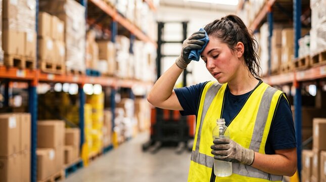 In a large warehouse, a worker in a yellow vest wipes sweat from her forehead. She holds a water bottle and looks tired after working. Boxes and shelves are seen in the background