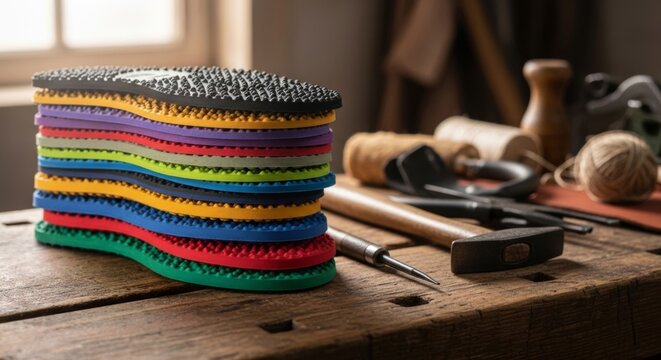 Colorful stacked shoe soles on a rustic workbench in a shoemaking workshop, showcasing artisanal craftsmanship and materials.