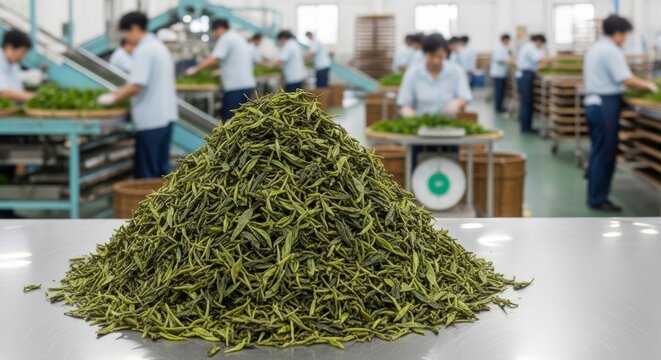 Abundant pile of dried green tea leaves in a modern factory setting with workers processing tea in the blurred background