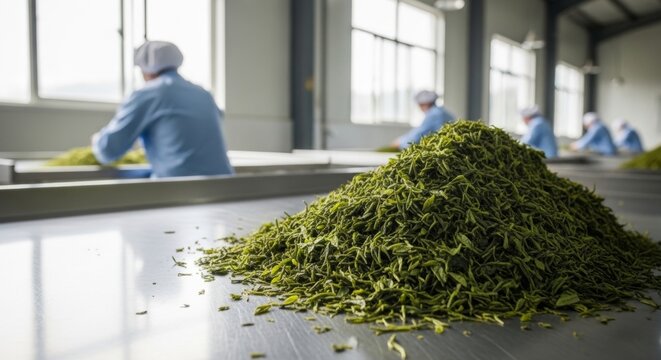 Heap of dried green tea leaves in a modern factory with workers processing tea in the background