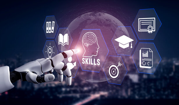 Futuristic robotic hand interacting with digital icons representing education, skill development, and knowledge advancement in a modern technological landscape. Glyphic.