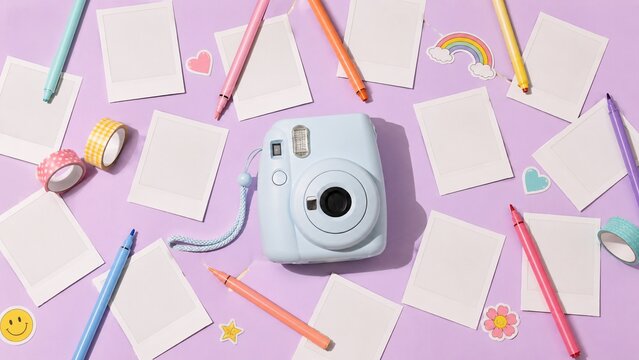 Aesthetic flat lay of a pastel blue instant camera surrounded by blank white photo frames and colored pens on a purple background
