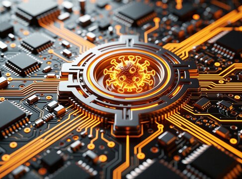Glowing virus symbol on circuit board. Digital network security threat, computer system intrusion. Data breach, cyber attack danger, network infiltration risk. Tech danger.