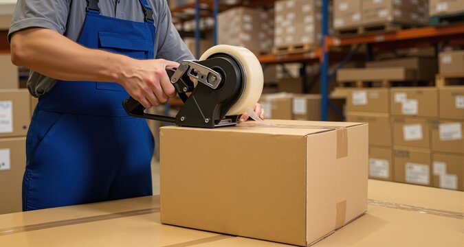 Warehouse worker sealing cardboard box with packing tape dispenser
