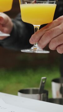 Vertical video. Bartender serves yellow cocktails at outdoor wedding bar during reception.