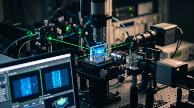 High-tech microscopy scene with a light-sheet microscope, dual laser beams crossing a microfluidic sample chamber, split detection planes on a camera sensor, and bright single-molecule points