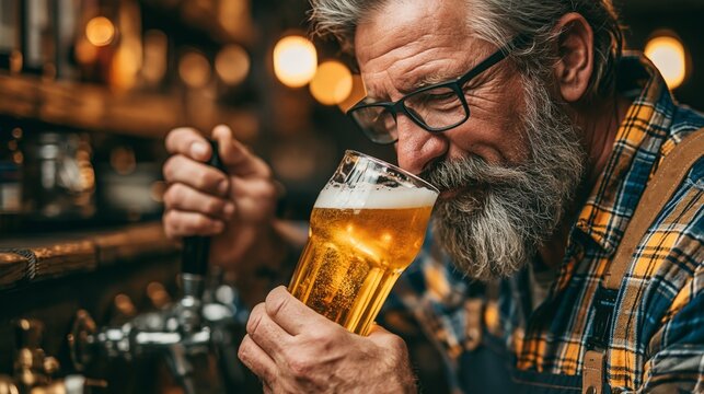 A bearded man in a plaid shirt smells a fresh beer with a blurred pub background, evoking hospitality and leisure.