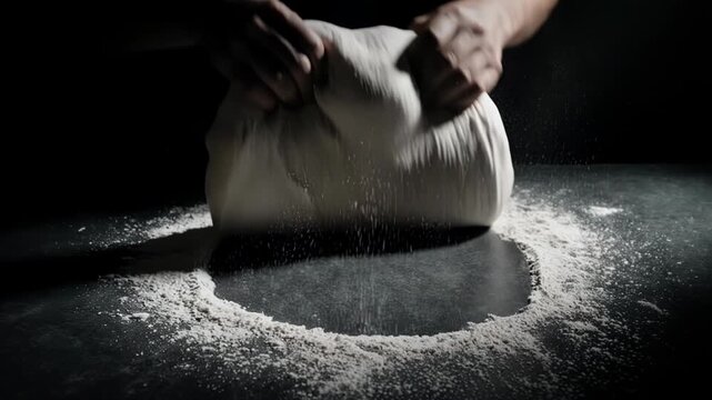 Hands of a baker kneading dough on a dark surface, flour dust rising as the dough is shaped, showcasing the process of bread preparation in a kitchen setting