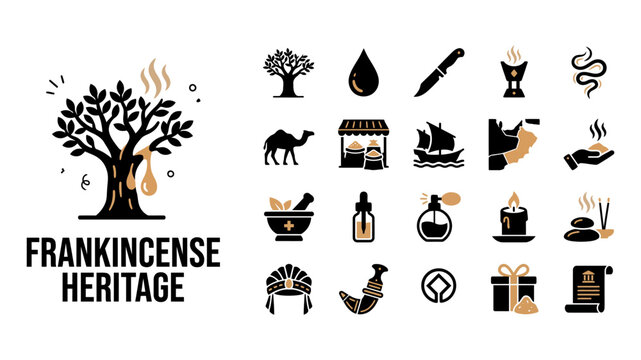 Frankincense heritage icon set, traditional Arabic resin production and culture symbols, 20 black and gold vector elements for aromatherapy and wellness Vector Icon Set.