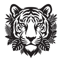Fototapeta premium Black and white tiger head illustration with intricate jungle foliage frame
