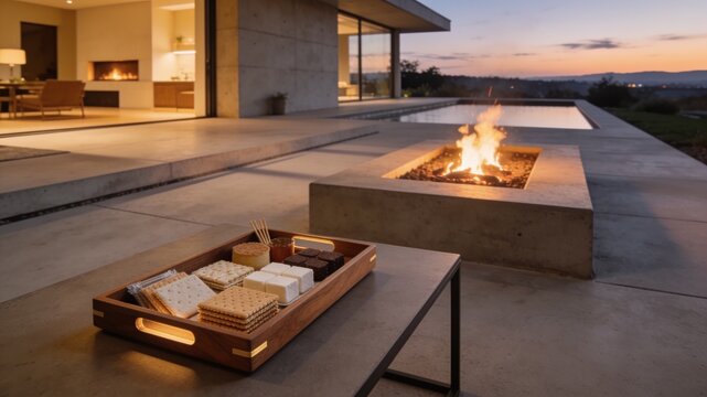 A wooden tray of smores ingredients sits on a concrete table beside a burning fire pit at a luxury villa with a swimming pool and sunset sky on a summer vacation.