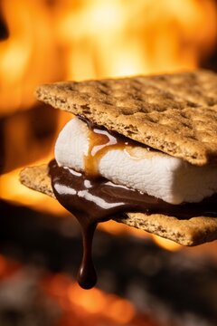 An extreme close-up of a complete smore with a gooey toasted marshmallow and melted chocolate dripping in a smooth droplet, set against warm, glowing campfire flames.