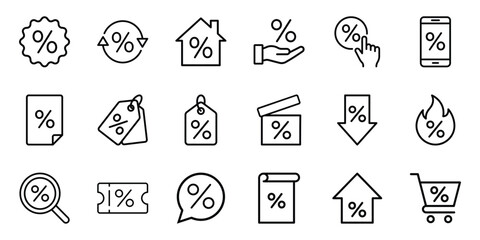 Fototapeta premium Discount and percentage offer line icons with discount shopping marketing business promotion commerce reduction