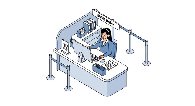 A bank teller assists a customer at a counter in a modern bank branch with queuing barriers.