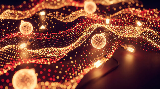 Abstract red particle dot wave with glowing baubles and festive Christmas holiday light