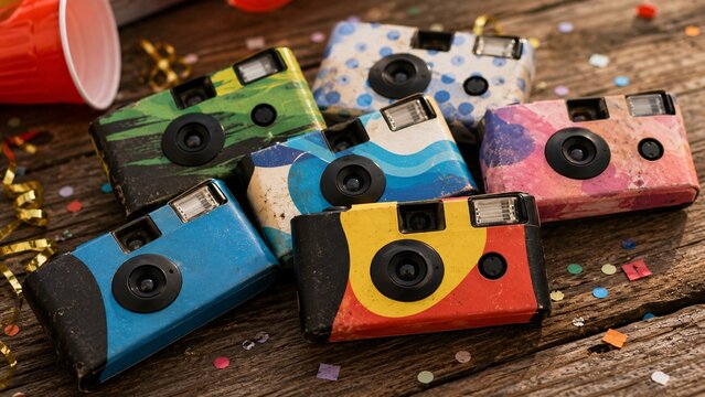 A messy pile of colorful patterned retro disposable film cameras resting on a wooden table