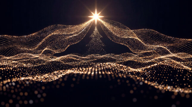 Glowing white particle star on abstract dark Christmas holiday wave festive background