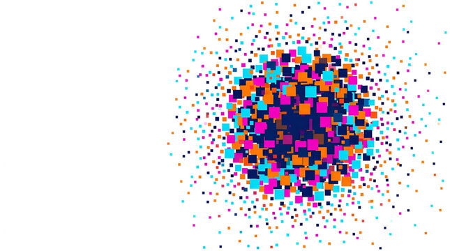 Abstract explosion of colorful square shapes and geometric particles