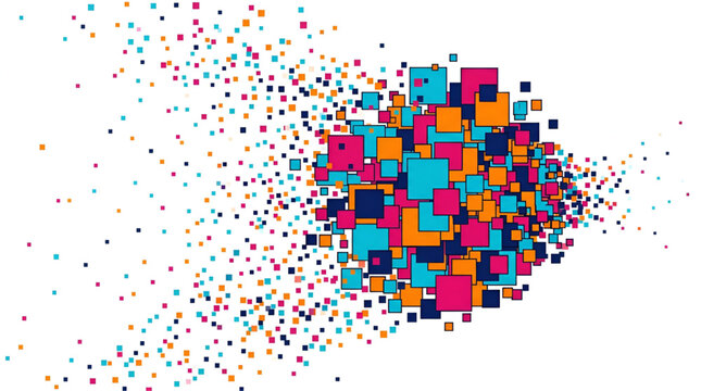 Colorful square particles exploding into a cloud of small pixel shapes