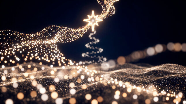 Glowing golden particle star on abstract dark Christmas holiday wave festive background