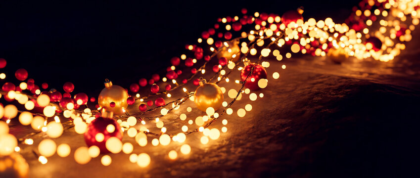 Abstract golden particle dot wave with glowing baubles and festive Christmas holiday light