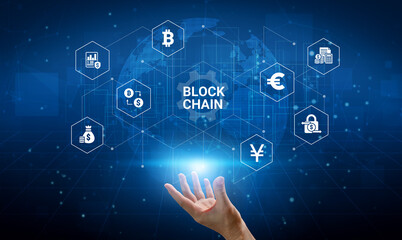 Fototapeta premium Futuristic Hand Reaching Towards Blockchain Technology Icons and Cryptocurrency Symbols on Digital Background with Global Network Concept. Glyphic.