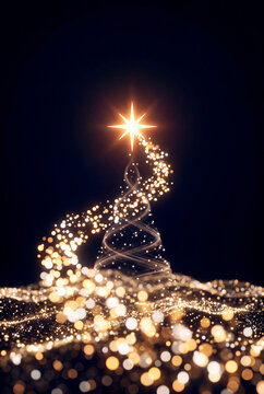 Abstract golden particle Christmas tree with glowing star on dark festive holiday backdrop