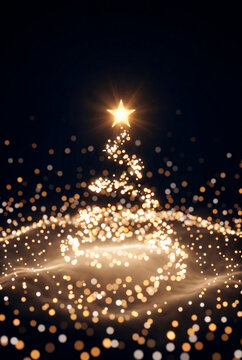 Abstract golden particle Christmas tree with glowing star on dark festive holiday backdrop