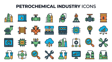 Fototapeta premium A collection of colorful flat vector icons representing the petrochemical industry, oil refining, smart factory technology, digital monitoring, and chemical laboratory processes.