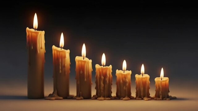 Row of seven lit candles of varying heights with melting wax against a dark background