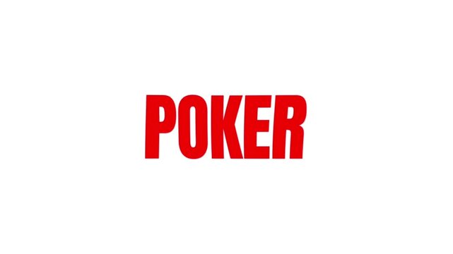 Bold typography animation featuring the word Poker in striking red on a bright background, perfect for casino promotions, card games, gambling concepts, tournaments, and entertainment content.