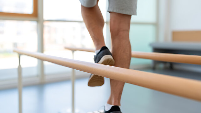 Patient Engage in Rehabilitation Therapy, Walk with Parallel Bars, Focused on Recovery, Health and Wellness, Close Up of Legs and Feet