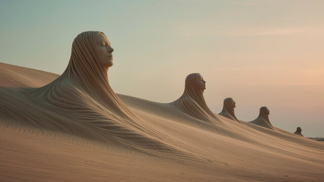 Sand sculptures shaped like elegant female faces emerging from desert dunes under warm sunset sky