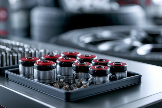 Tray of TPMS Sensors and Valve Stems on Tire Shop Counter with Blurred Wheel Rim