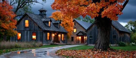 Obraz premium Rustic wooden barns glow warmly under autumn trees with a wet driveway serving as a serene background.
