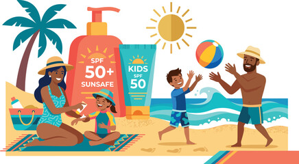 Fototapeta premium Happy Black family enjoying summer beach vacation with mother applying sun protection lotion to daughter while father and son play