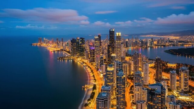Aerial view of the modern skyline of panama city at twilight, featuring illuminated skyscrapers along the coastline and the pacific ocean