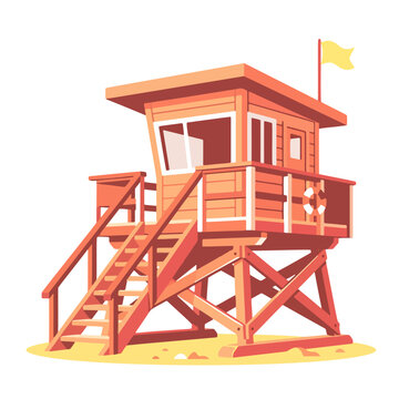 Lifeguard tower illustration on sandy beach isolated on white background, coastal safety watchtower vector for summer vacation and travel design