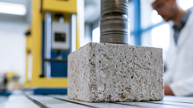Close-up of a concrete block undergoing compression testing in a modern laboratory setting with a scientist observe data