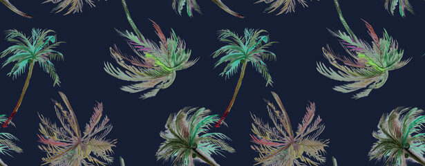 Seamless beach pattern with irregular palm trees painted in watercolor for textiles and design  © Марина Воюш