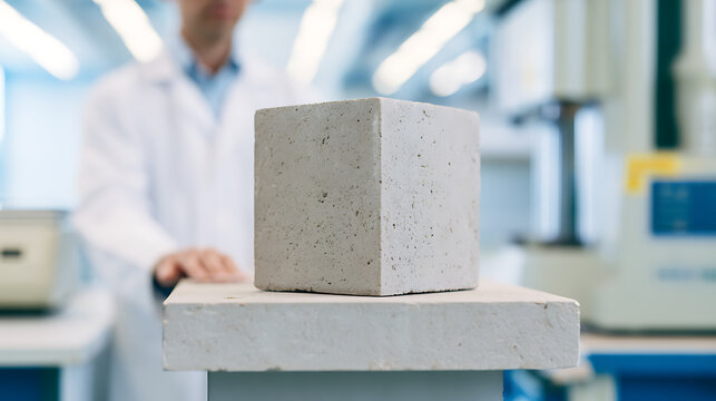 Concrete cube sample and building material test setup with a scientist in a laboratory, highlighting research and development for construction