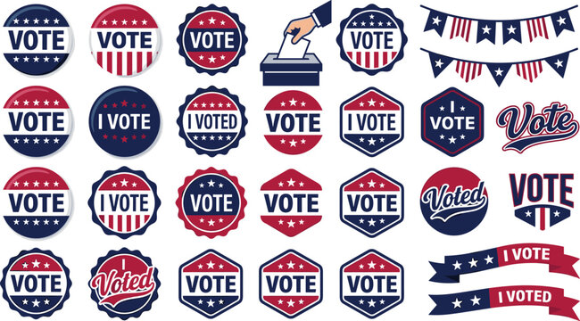 Large collection of patriotic USA election vote stickers buttons and badges including ballot box and campaign bunting for democracy